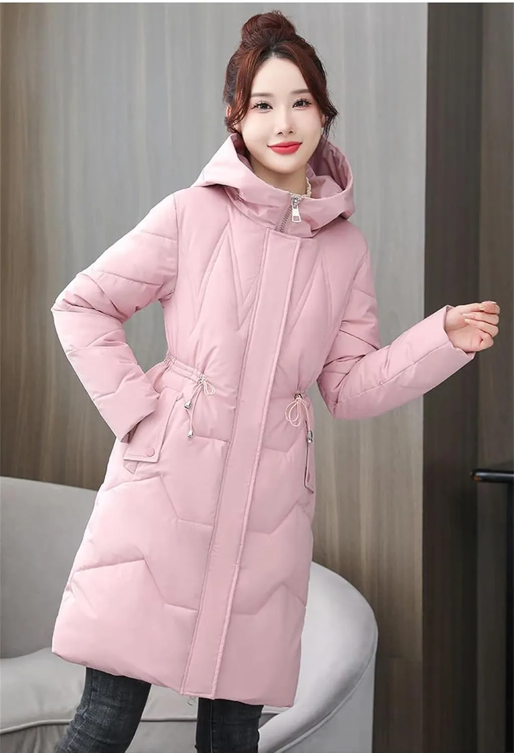 Adhdyuud Womens With Pocket Hooded Cotton Padded Coats Office Zipper Thicken Warm Outerwear
