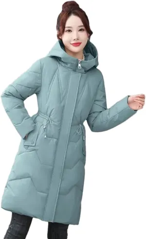 Adhdyuud Womens With Pocket Hooded Cotton Padded Coats Office Zipper Thicken Warm Outerwear