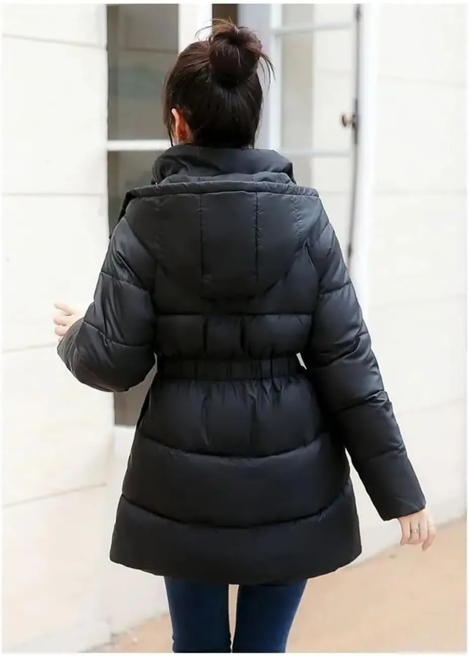 Adhdyuud Women's With Pocket Solid Cotton Padded Coats Winter Casual Hooded Thicken Warm Outwear