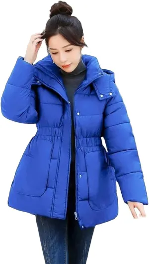 Adhdyuud Women's With Pocket Solid Cotton Padded Coats Winter Casual Hooded Thicken Warm Outwear