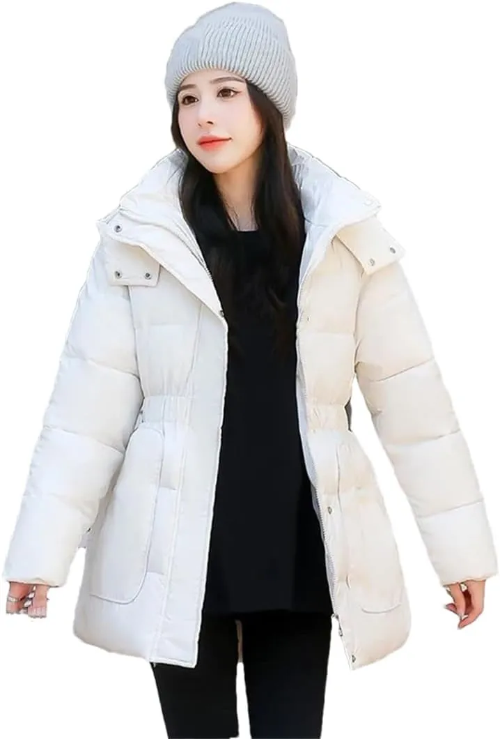 Adhdyuud Women's With Pocket Solid Cotton Padded Coats Winter Casual Hooded Thicken Warm Outwear