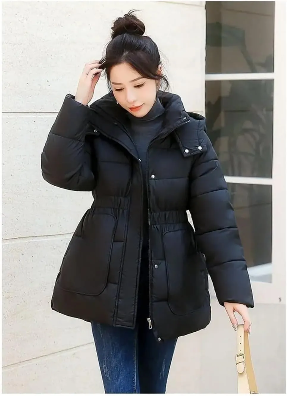 Adhdyuud Women's With Pocket Solid Cotton Padded Coats Winter Casual Hooded Thicken Warm Outwear