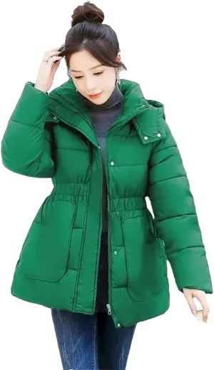 Adhdyuud Women's With Pocket Solid Cotton Padded Coats Winter Casual Hooded Thicken Warm Outwear