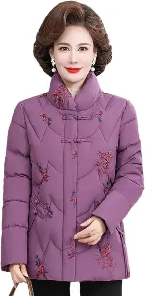 Adhdyuud Womens With Pocket Thicken Warm Cotton Padded Coats Mid-Aged Mom Embroidery Outwear