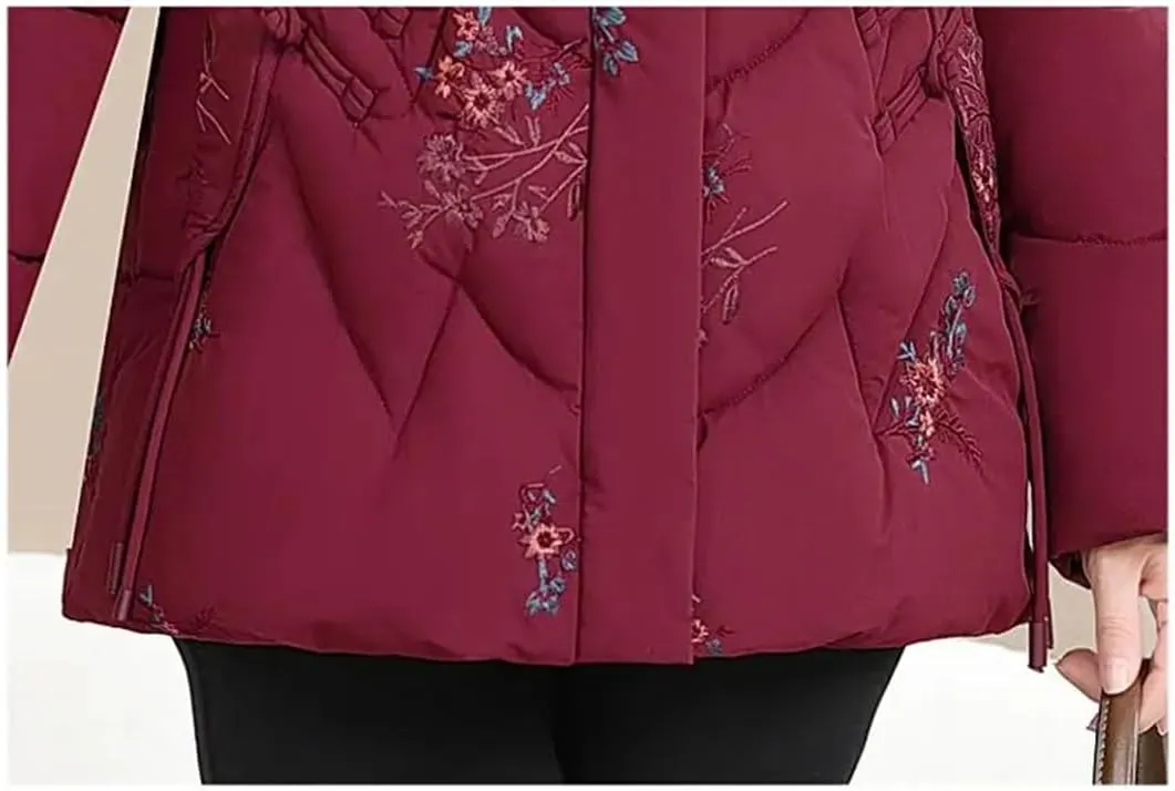 Adhdyuud Womens With Pocket Thicken Warm Cotton Padded Coats Mid-Aged Mom Embroidery Outwear