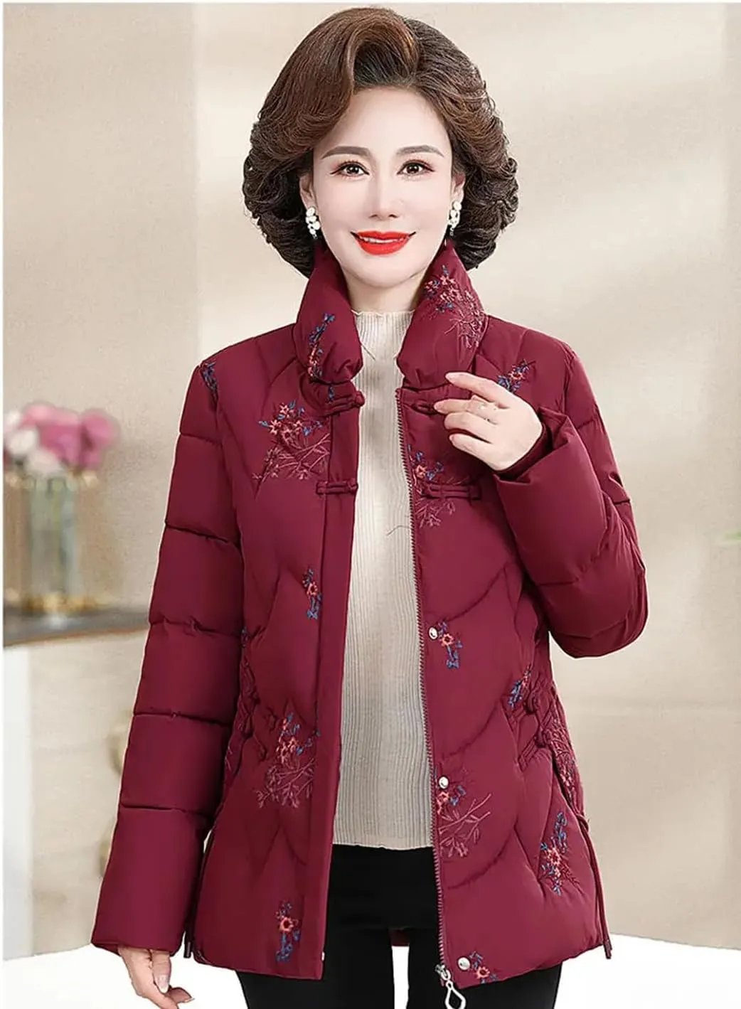 Adhdyuud Womens With Pocket Thicken Warm Cotton Padded Coats Mid-Aged Mom Embroidery Outwear