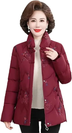 Adhdyuud Womens With Pocket Thicken Warm Cotton Padded Coats Mid-Aged Mom Embroidery Outwear