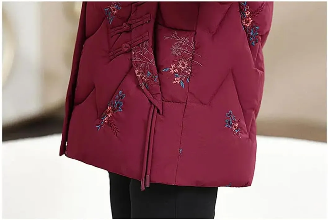 Adhdyuud Womens With Pocket Thicken Warm Cotton Padded Coats Mid-Aged Mom Embroidery Outwear