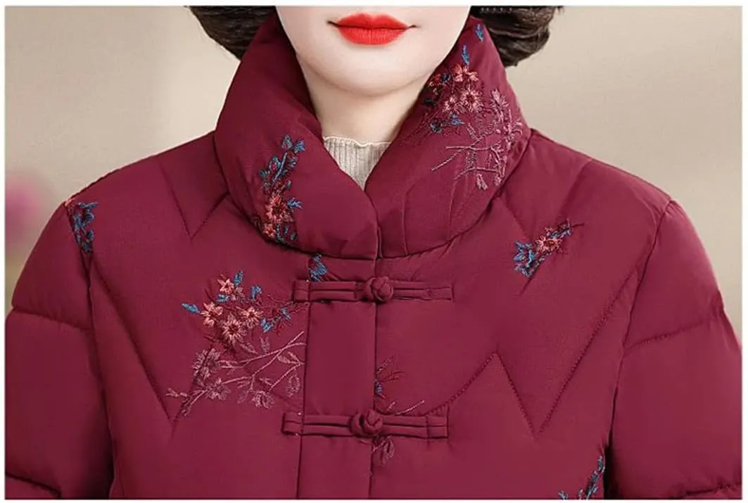 Adhdyuud Womens With Pocket Thicken Warm Cotton Padded Coats Mid-Aged Mom Embroidery Outwear