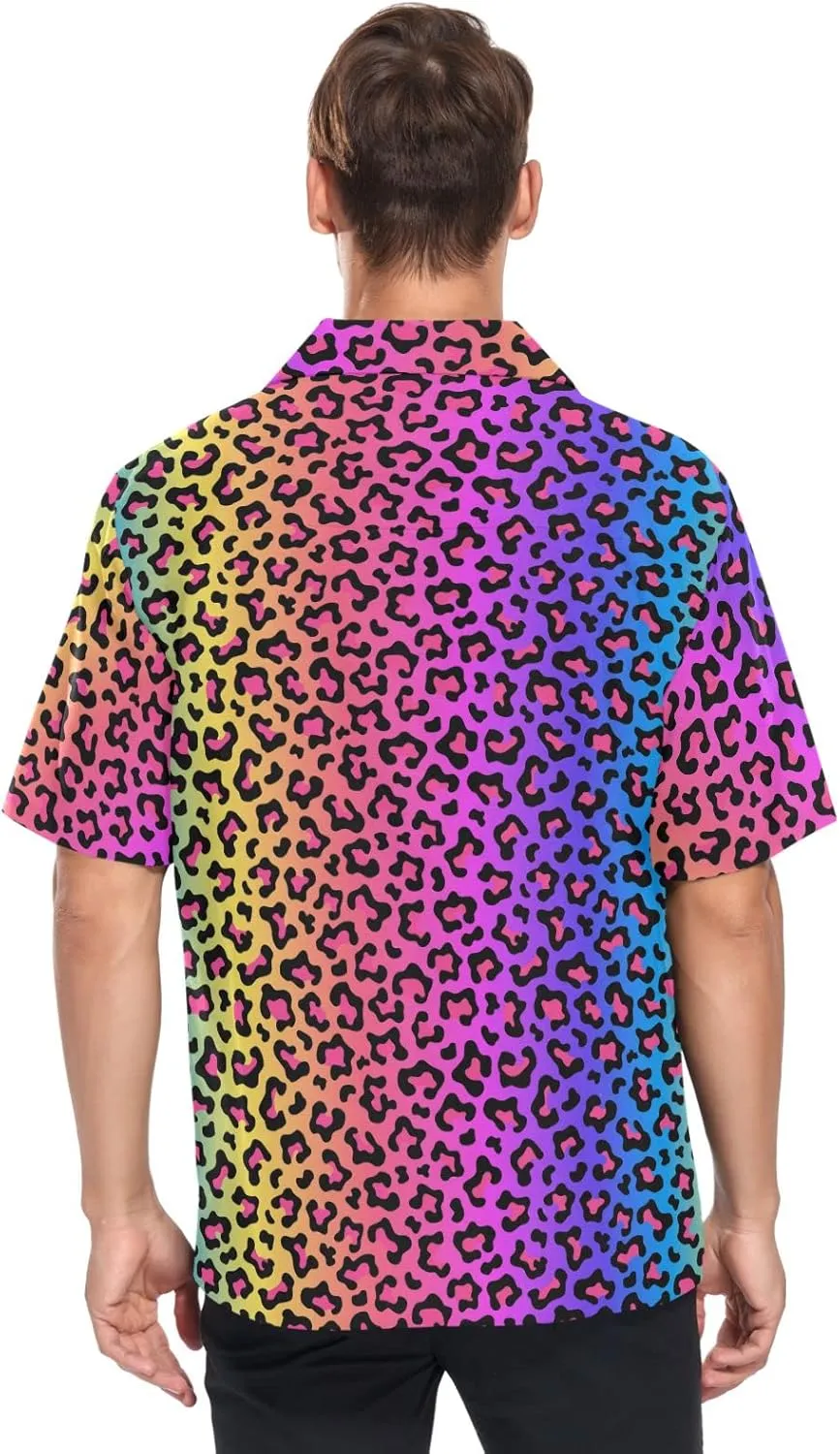 ALAZA Mens Neon Rainbow Colored Leopard Quick Dry Hawaiian Shirt