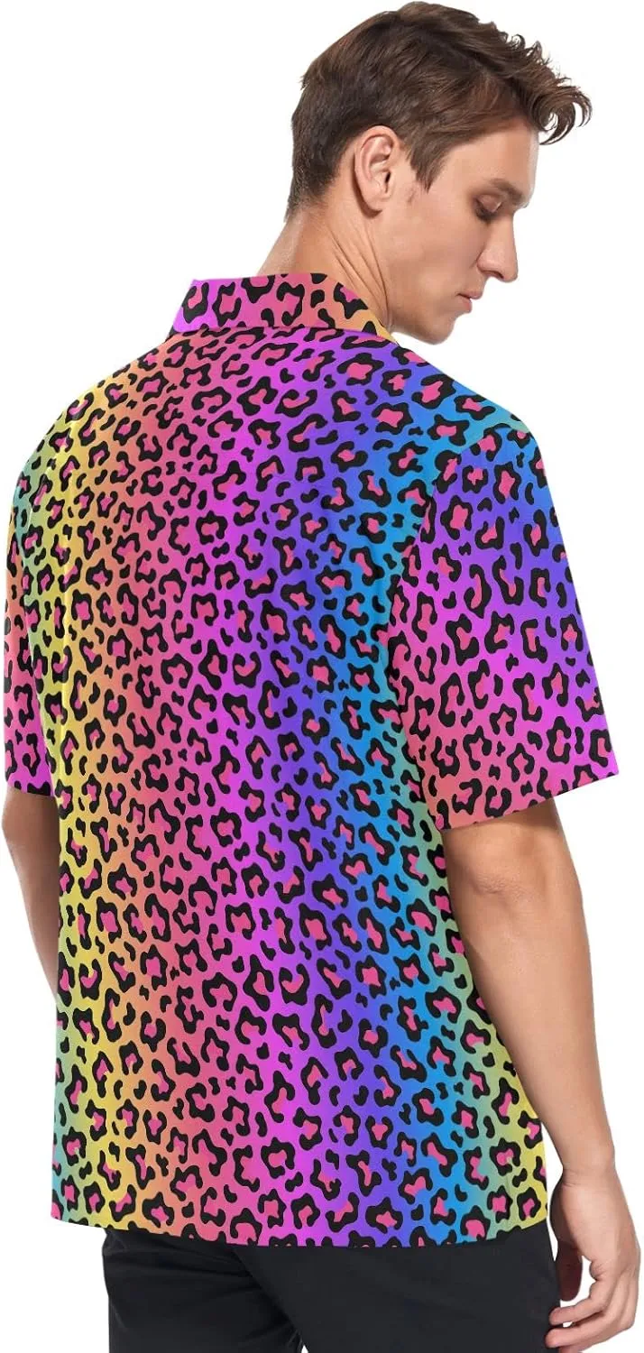 ALAZA Mens Neon Rainbow Colored Leopard Quick Dry Hawaiian Shirt