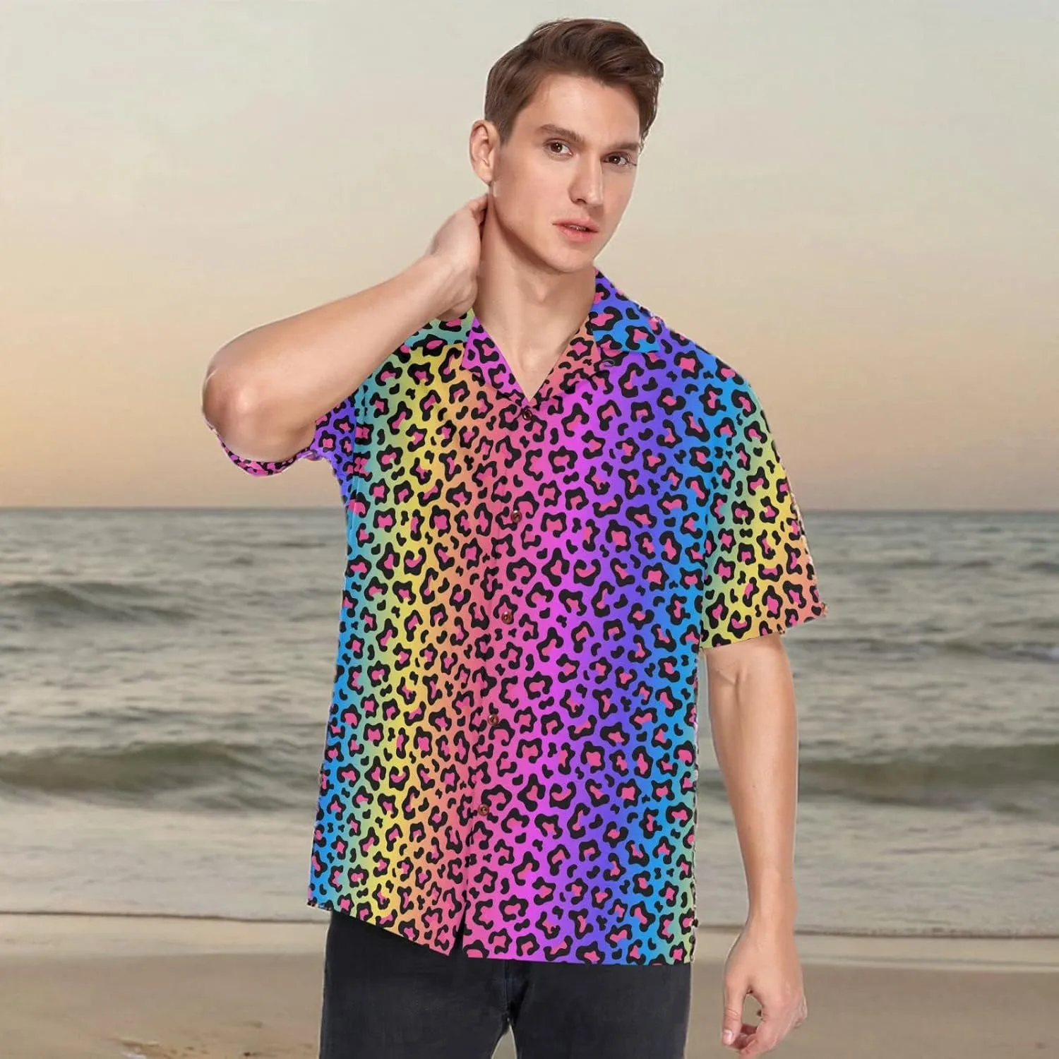 ALAZA Mens Neon Rainbow Colored Leopard Quick Dry Hawaiian Shirt