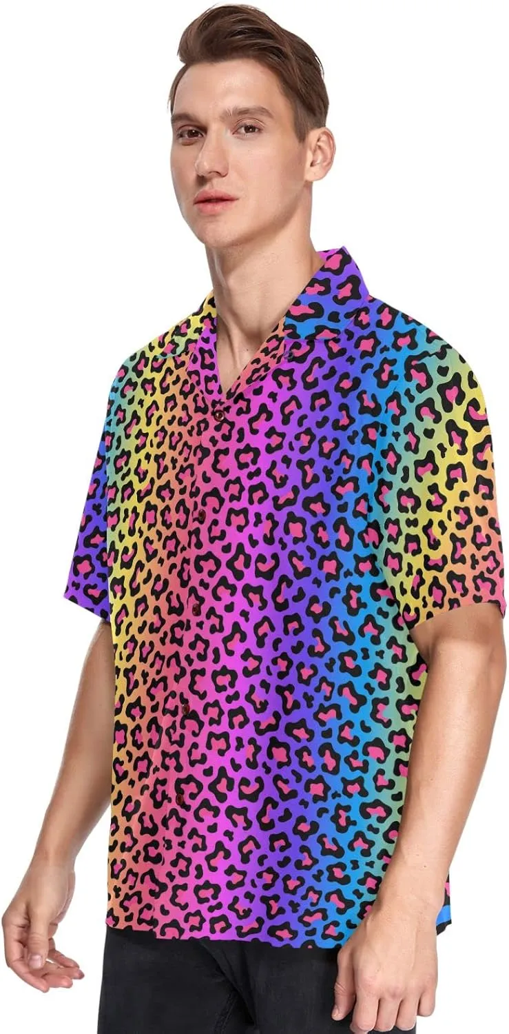 ALAZA Mens Neon Rainbow Colored Leopard Quick Dry Hawaiian Shirt