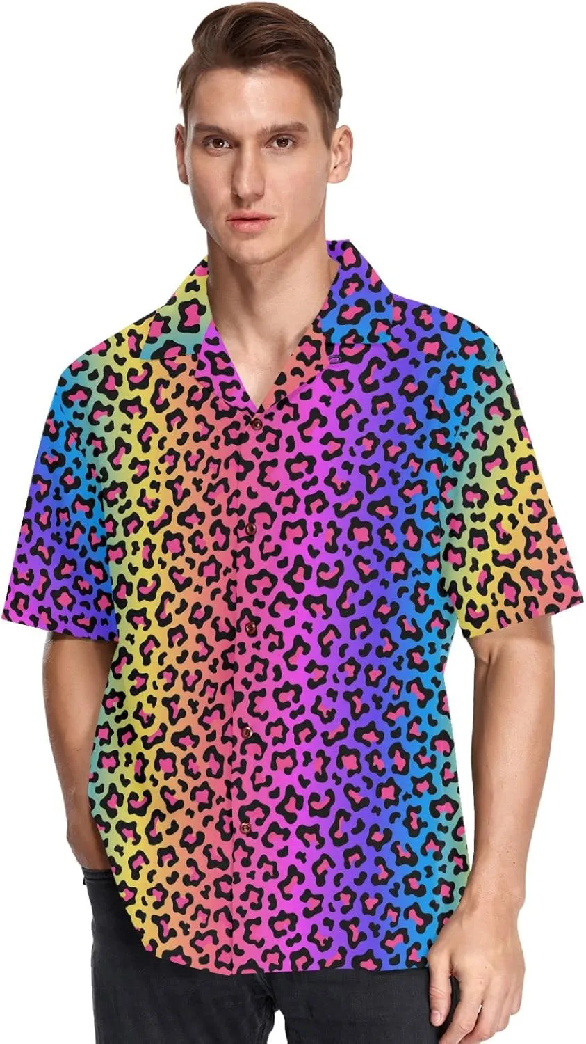 ALAZA Mens Neon Rainbow Colored Leopard Quick Dry Hawaiian Shirt