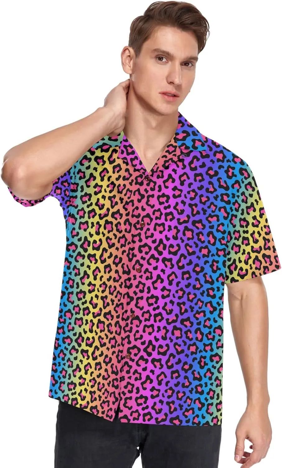 ALAZA Mens Neon Rainbow Colored Leopard Quick Dry Hawaiian Shirt