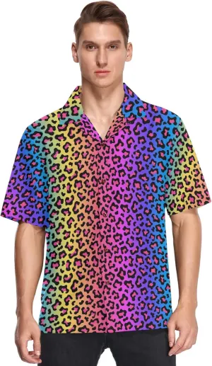 ALAZA Mens Neon Rainbow Colored Leopard Quick Dry Hawaiian Shirt