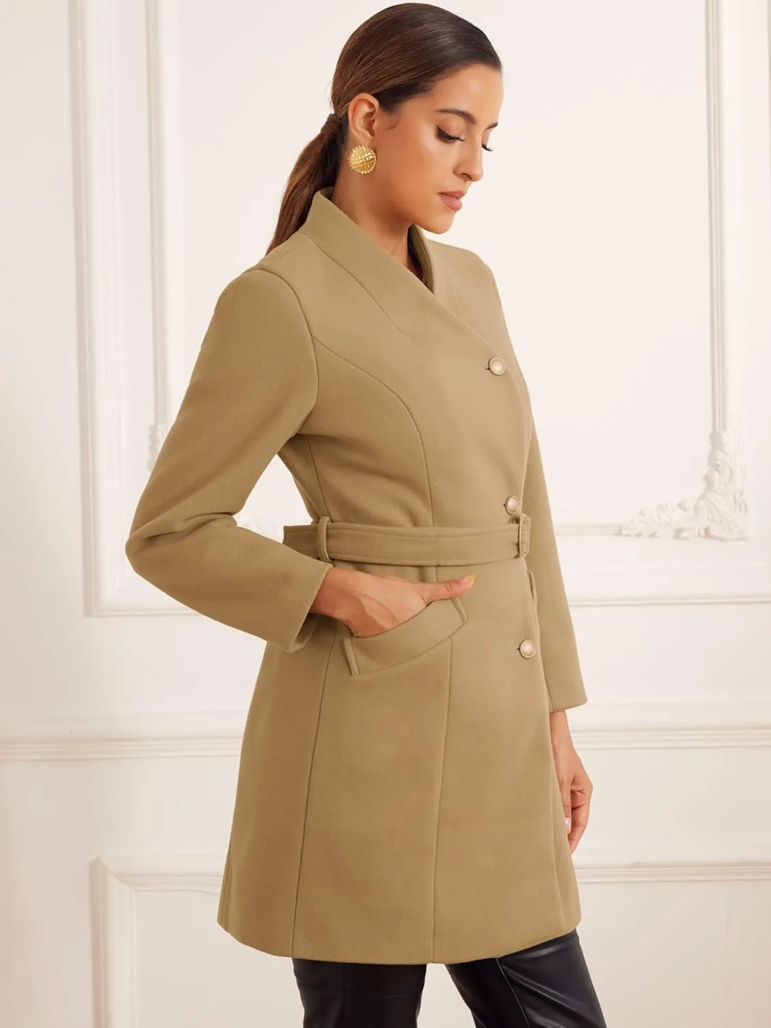 Allegra K Winter Coats for Women's Stand Collar Long Sleeve Belted Pearl Button Mid Coat