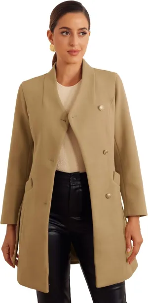 Allegra K Winter Coats for Women's Stand Collar Long Sleeve Belted Pearl Button Mid Coat