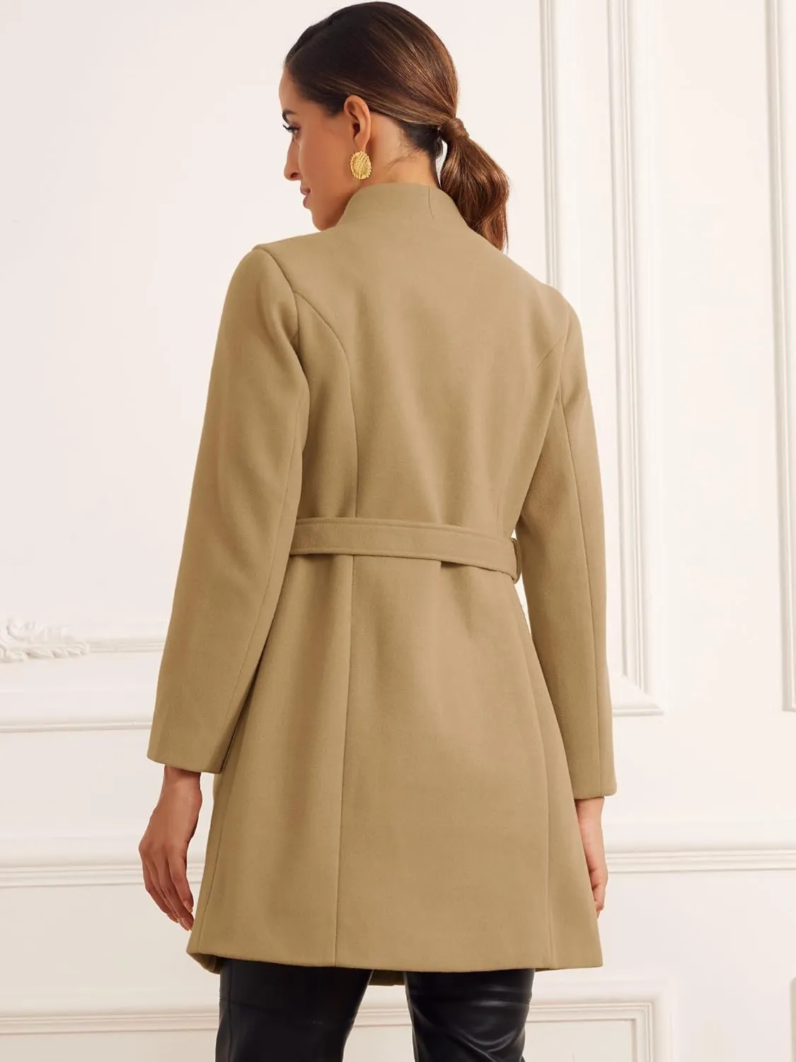 Allegra K Winter Coats for Women's Stand Collar Long Sleeve Belted Pearl Button Mid Coat