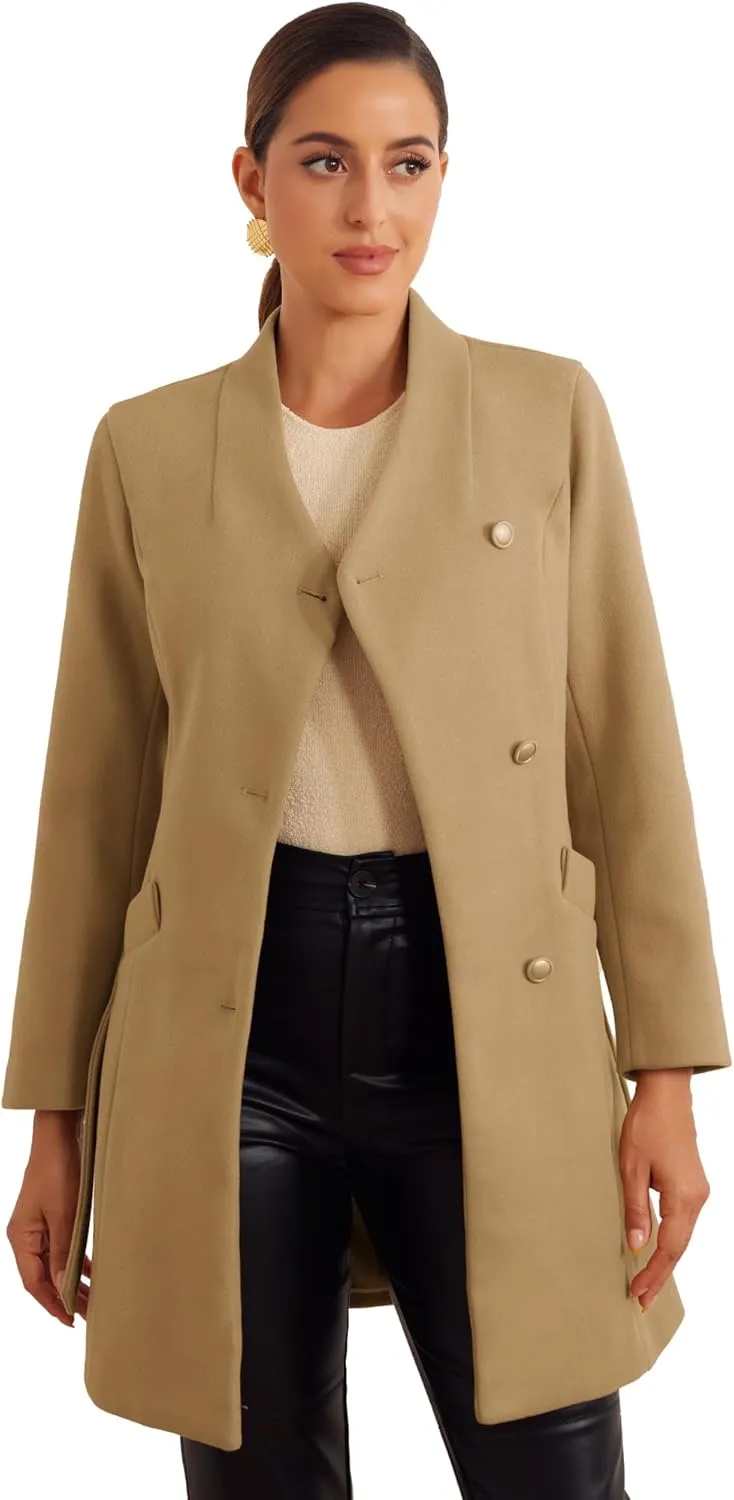 Allegra K Winter Coats for Women's Stand Collar Long Sleeve Belted Pearl Button Mid Coat