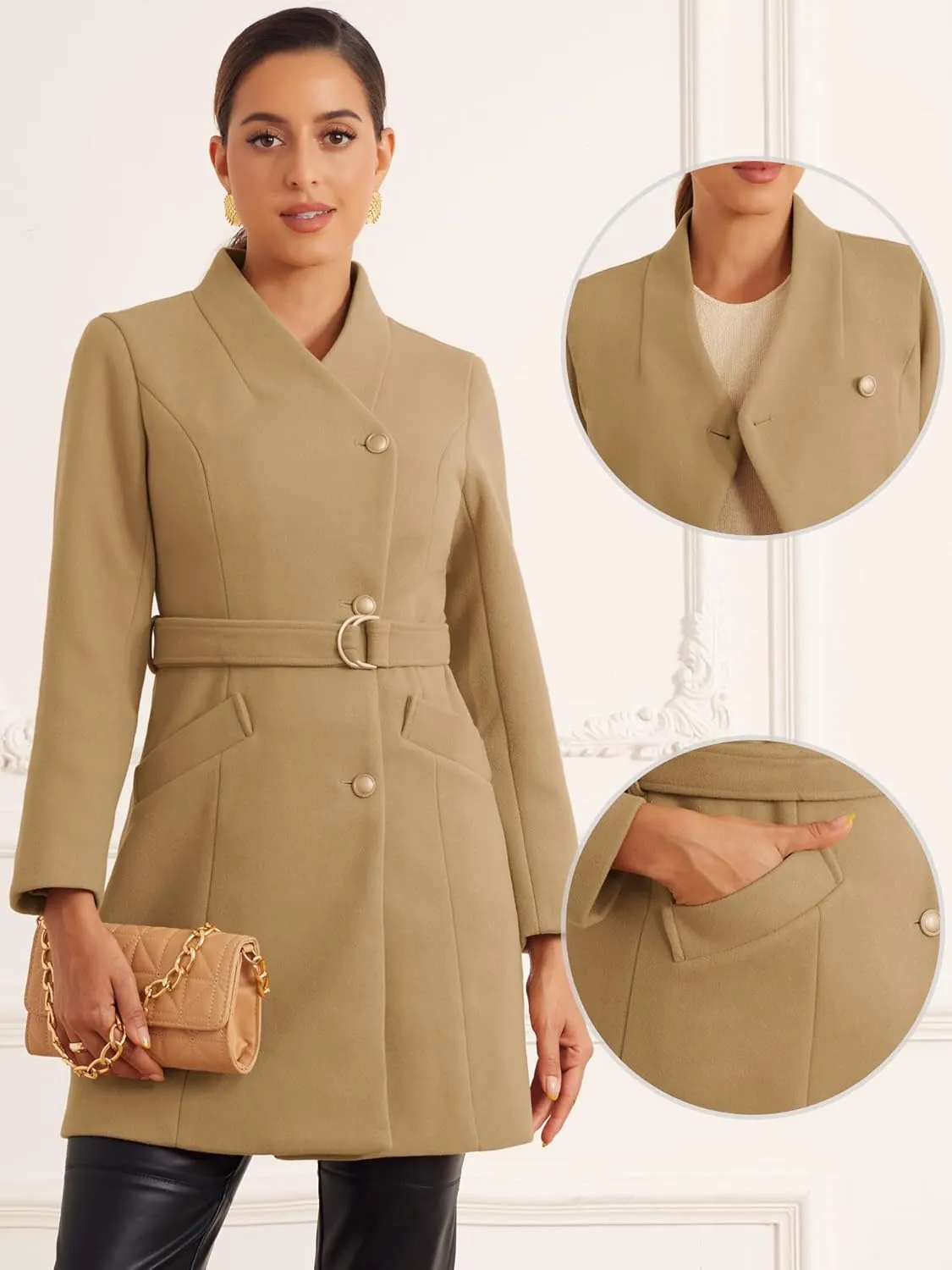Allegra K Winter Coats for Women's Stand Collar Long Sleeve Belted Pearl Button Mid Coat