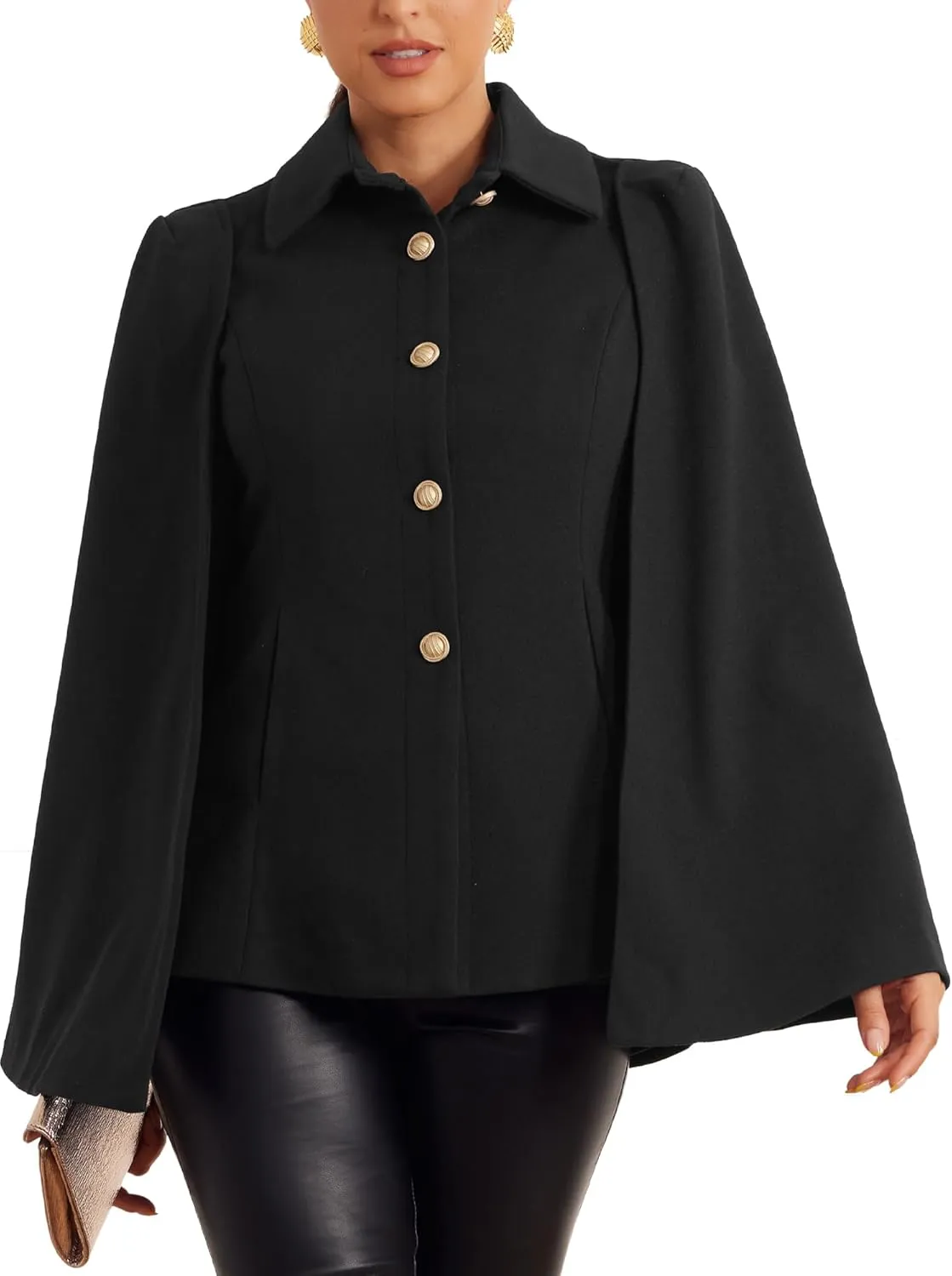 Allegra K Women's Cape Blazer Split Sleeve Button Front Casual Workwear Cape Coat Shawl Jackets