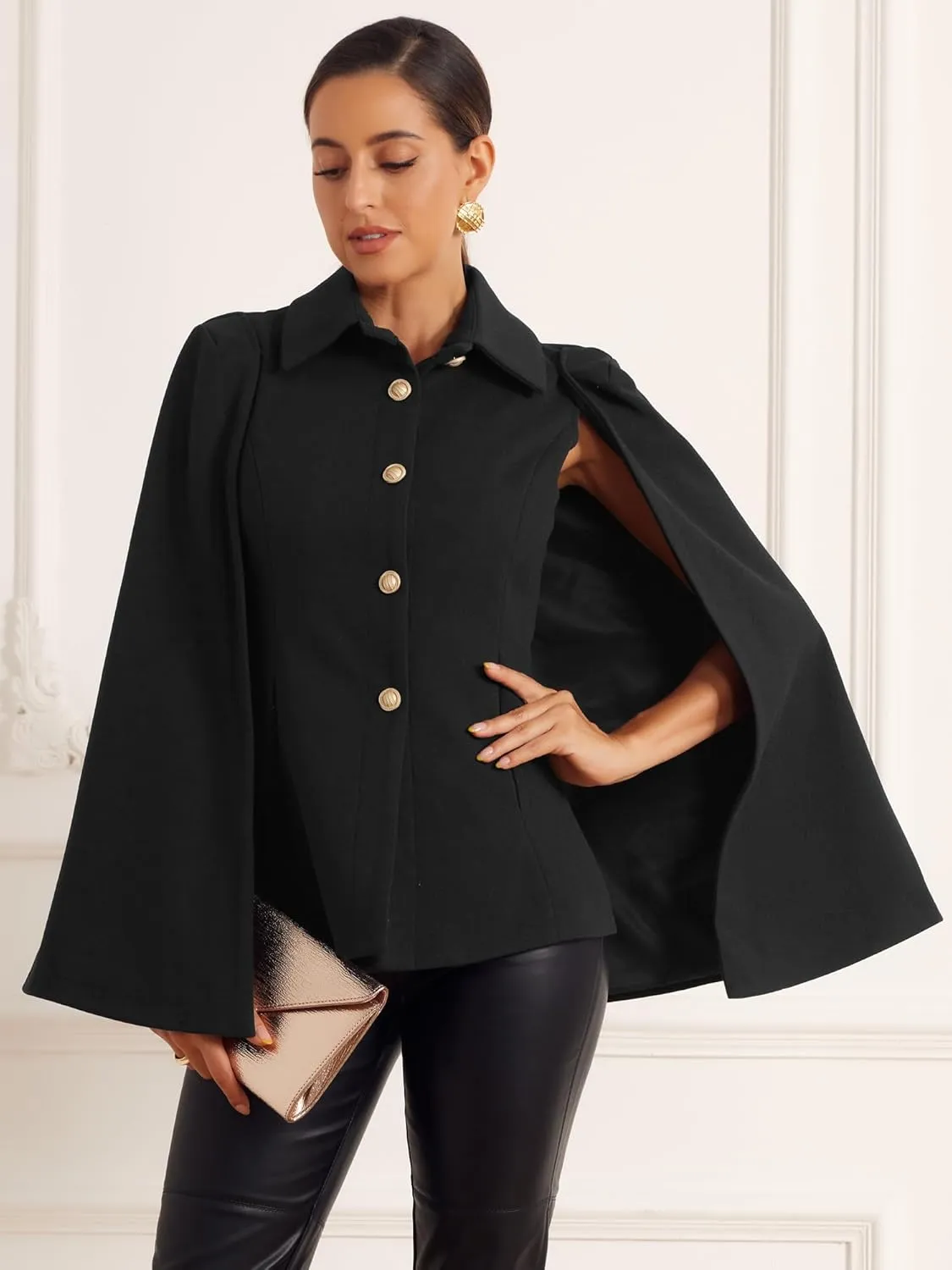 Allegra K Women's Cape Blazer Split Sleeve Button Front Casual Workwear Cape Coat Shawl Jackets