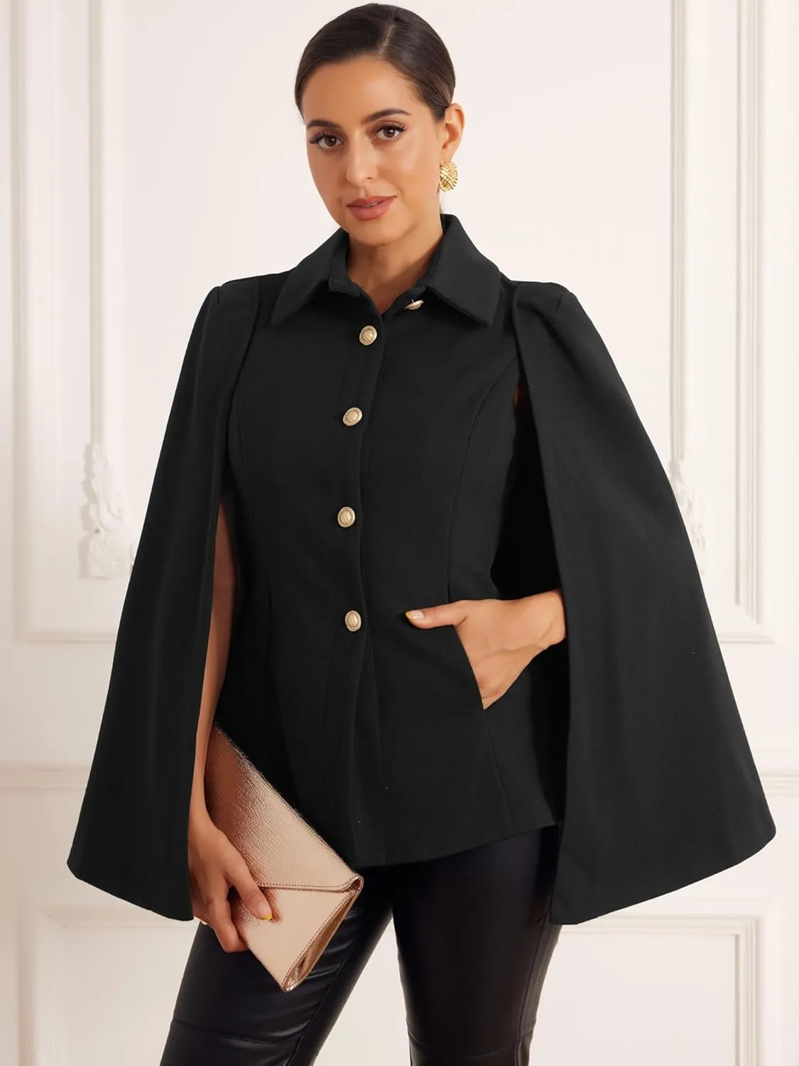 Allegra K Women's Cape Blazer Split Sleeve Button Front Casual Workwear Cape Coat Shawl Jackets