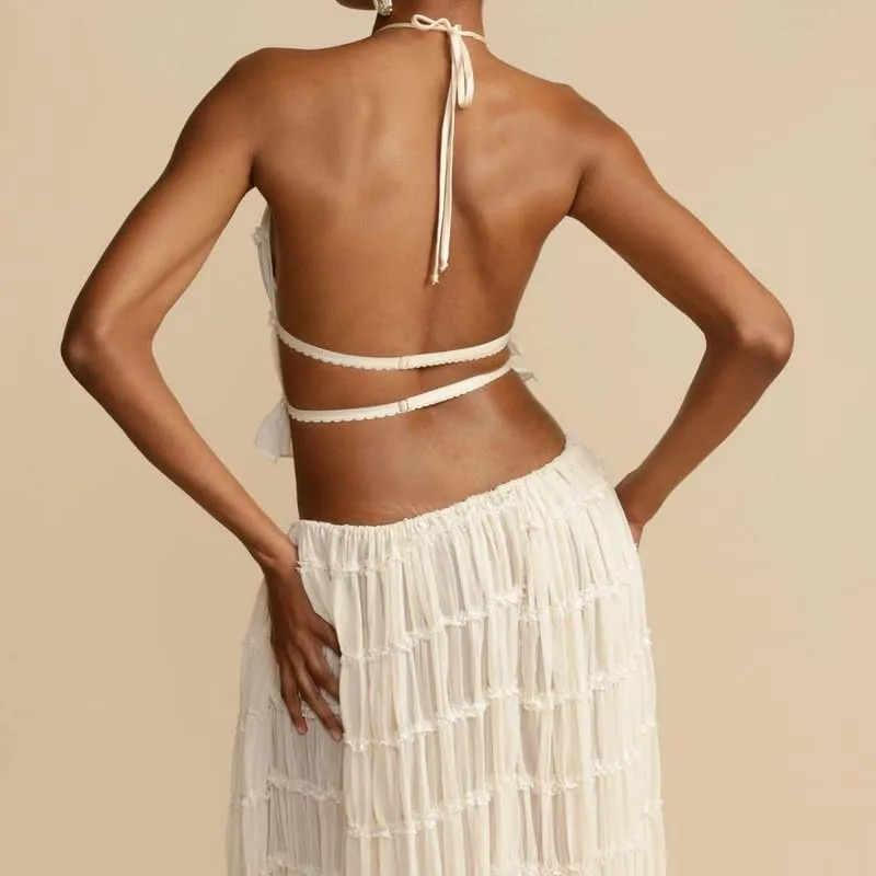 Argeousgor 2 Piece Maxi Skirt Set for Women Lace Up Back Tank Tops Tie Up High Waist Long Skirt Set