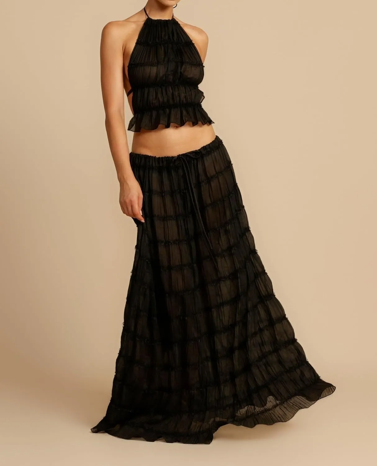 Argeousgor 2 Piece Maxi Skirt Set for Women Lace Up Back Tank Tops Tie Up High Waist Long Skirt Set
