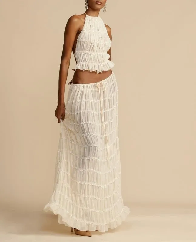 Argeousgor 2 Piece Maxi Skirt Set for Women Lace Up Back Tank Tops Tie Up High Waist Long Skirt Set