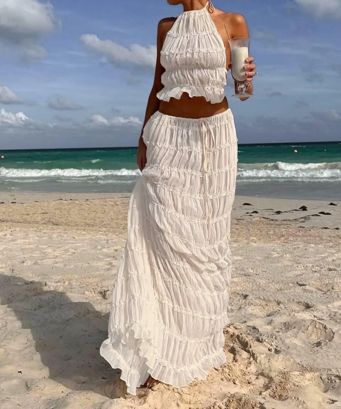 Argeousgor 2 Piece Maxi Skirt Set for Women Lace Up Back Tank Tops Tie Up High Waist Long Skirt Set