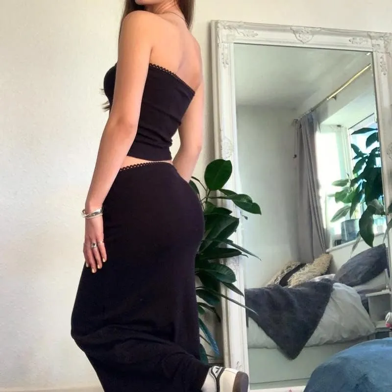 Argeousgor 2 Piece Maxi Skirt Set for Women Lace Up Back Tank Tops Tie Up High Waist Long Skirt Set