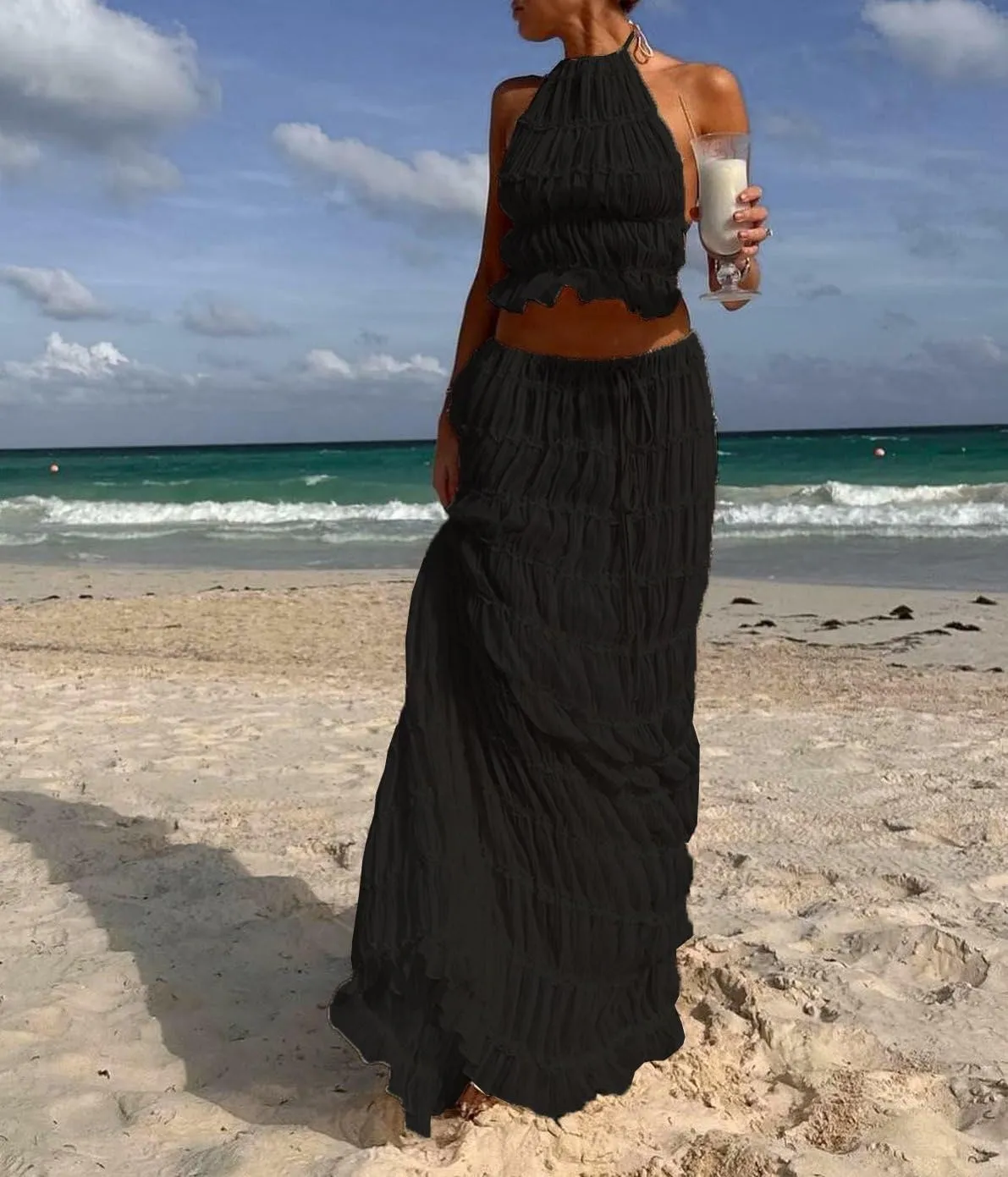Argeousgor 2 Piece Maxi Skirt Set for Women Lace Up Back Tank Tops Tie Up High Waist Long Skirt Set