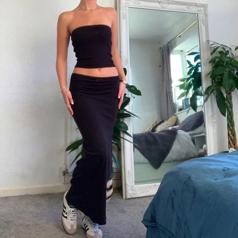 Argeousgor 2 Piece Maxi Skirt Set for Women Lace Up Back Tank Tops Tie Up High Waist Long Skirt Set