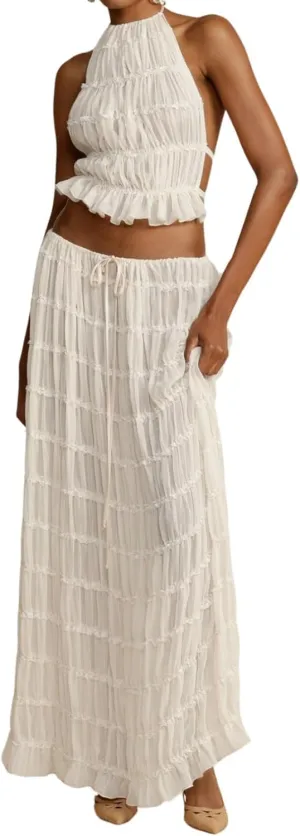 Argeousgor 2 Piece Maxi Skirt Set for Women Lace Up Back Tank Tops Tie Up High Waist Long Skirt Set