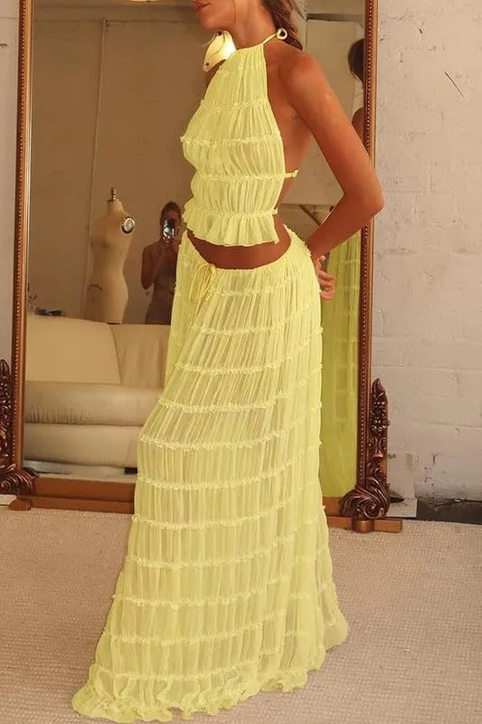Argeousgor 2 Piece Maxi Skirt Set for Women Lace Up Back Tank Tops Tie Up High Waist Long Skirt Set