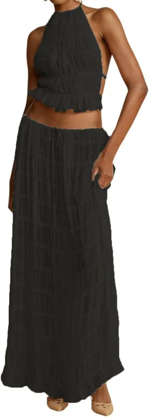 Argeousgor 2 Piece Maxi Skirt Set for Women Lace Up Back Tank Tops Tie Up High Waist Long Skirt Set