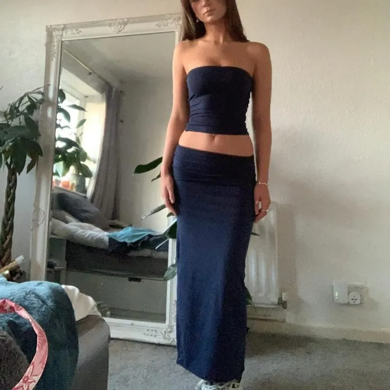 Argeousgor 2 Piece Maxi Skirt Set for Women Lace Up Back Tank Tops Tie Up High Waist Long Skirt Set