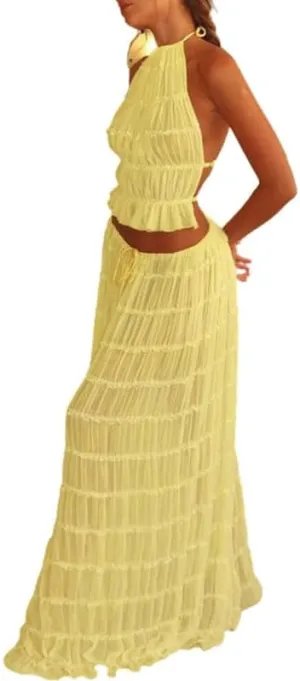 Argeousgor 2 Piece Maxi Skirt Set for Women Lace Up Back Tank Tops Tie Up High Waist Long Skirt Set