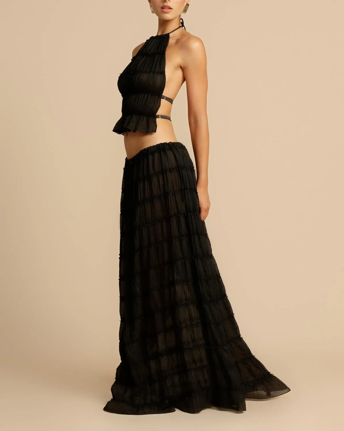 Argeousgor 2 Piece Maxi Skirt Set for Women Lace Up Back Tank Tops Tie Up High Waist Long Skirt Set