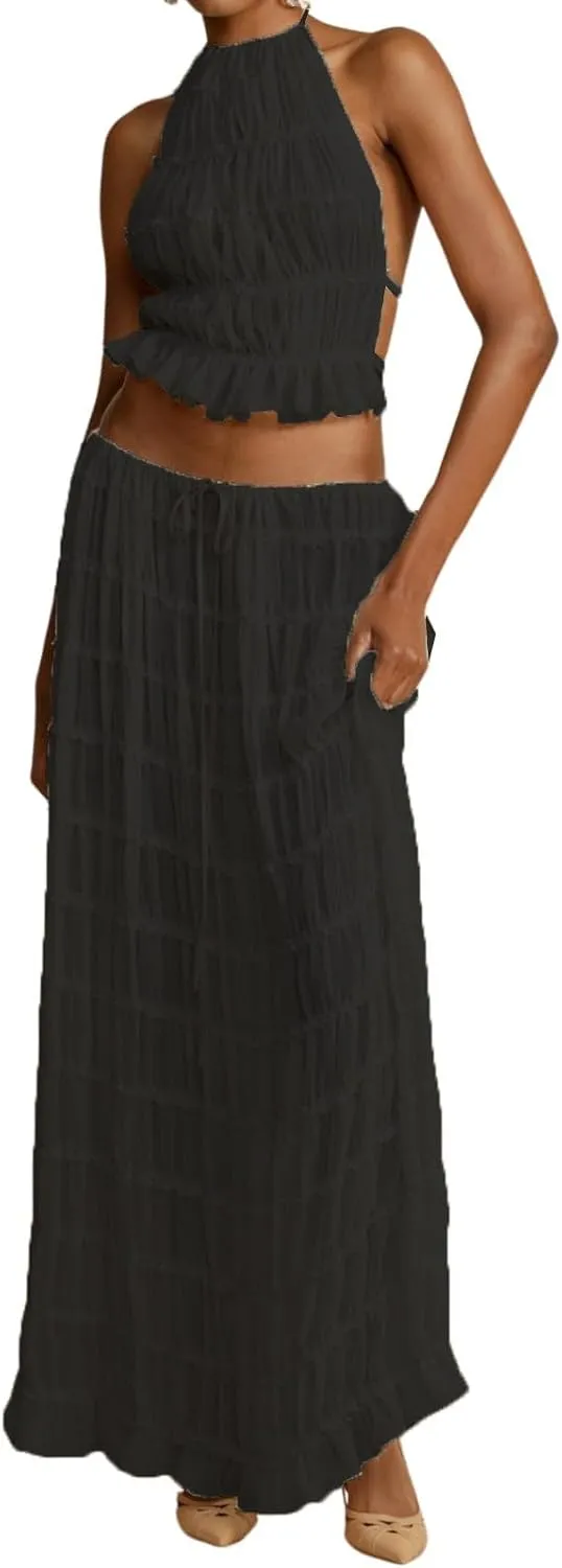 Argeousgor 2 Piece Maxi Skirt Set for Women Lace Up Back Tank Tops Tie Up High Waist Long Skirt Set