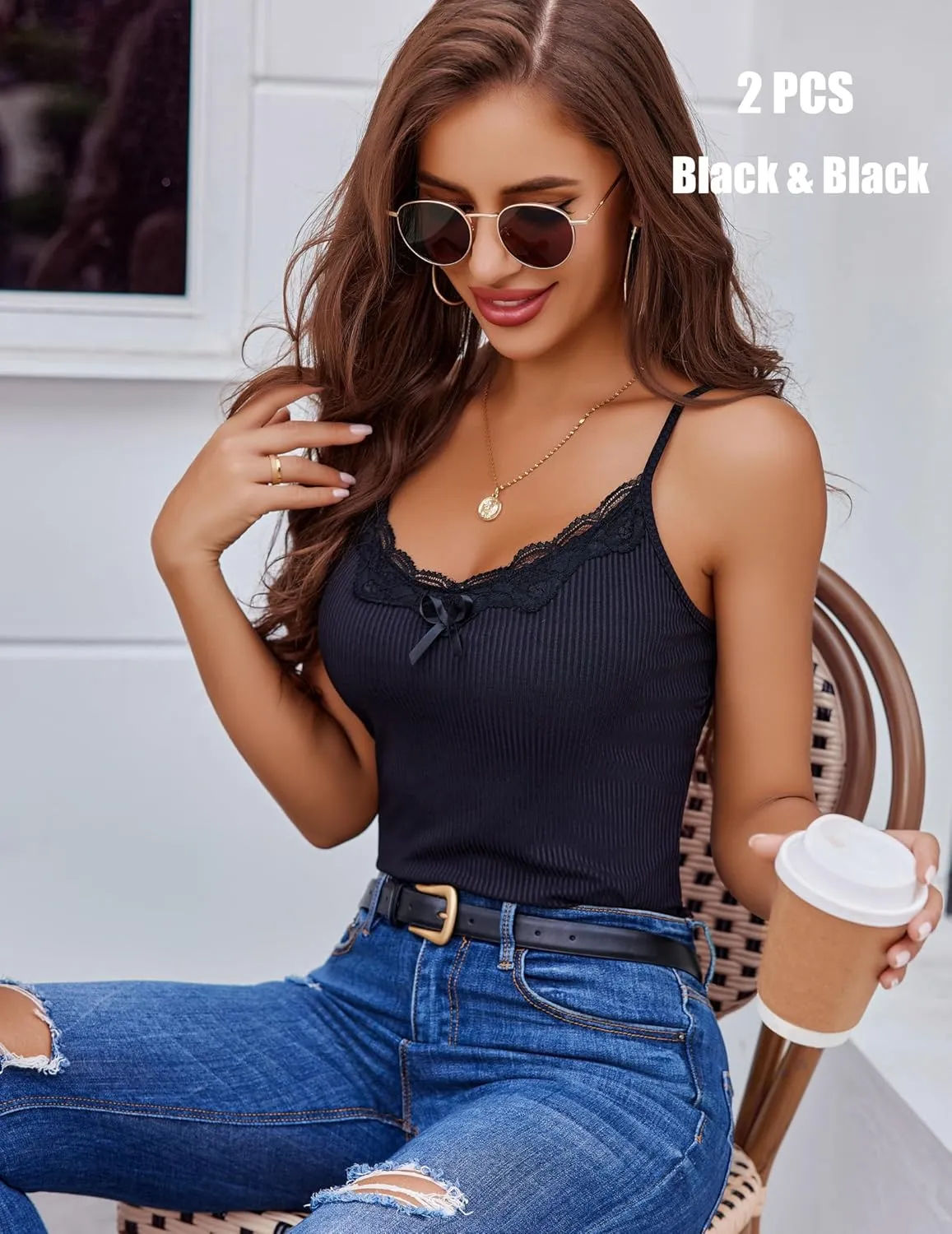 Avidlove Womens Camisoles 2-Pack Tank Top V Neck Undershirts Adjustable Spaghetti Strap Cami Tops