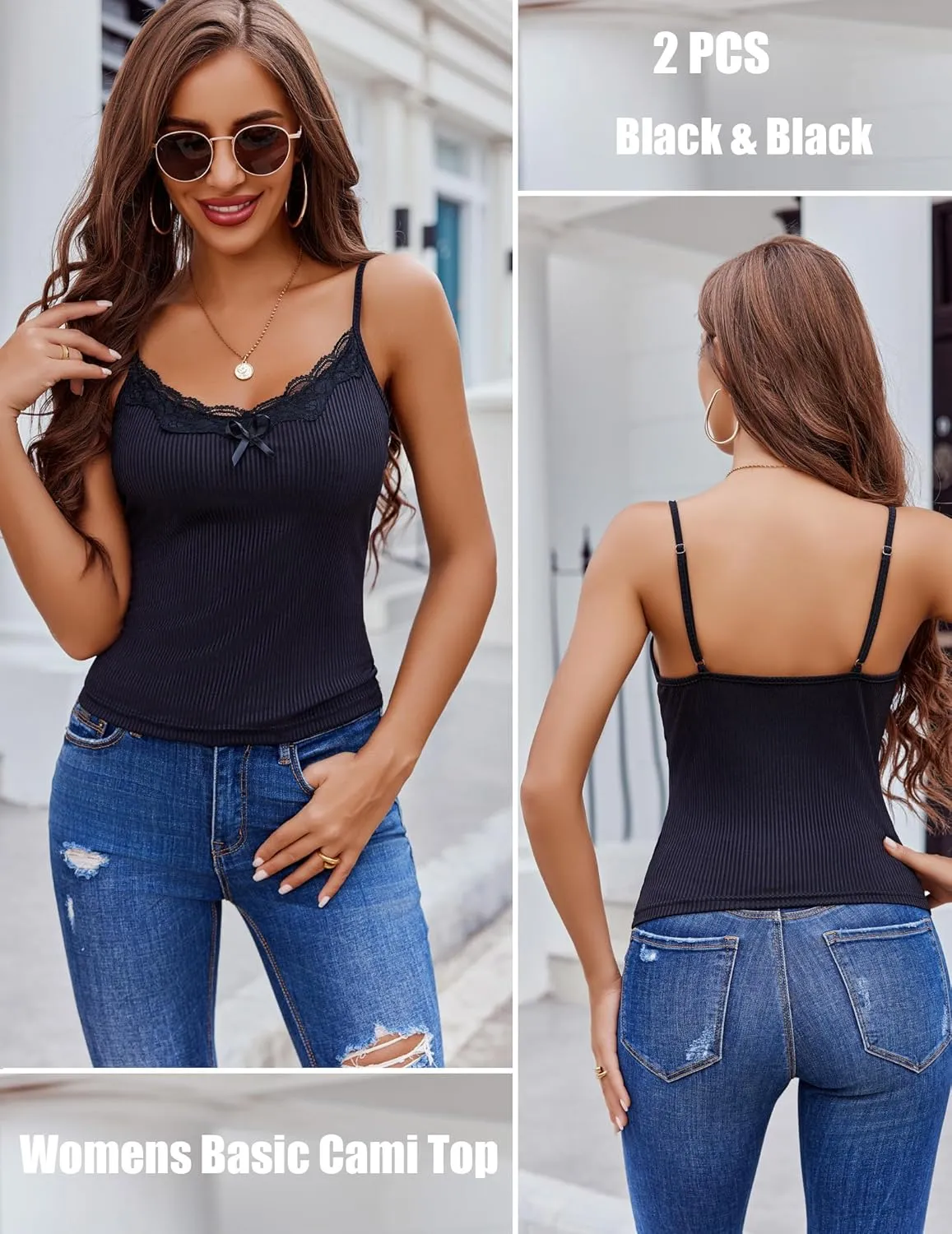 Avidlove Womens Camisoles 2-Pack Tank Top V Neck Undershirts Adjustable Spaghetti Strap Cami Tops