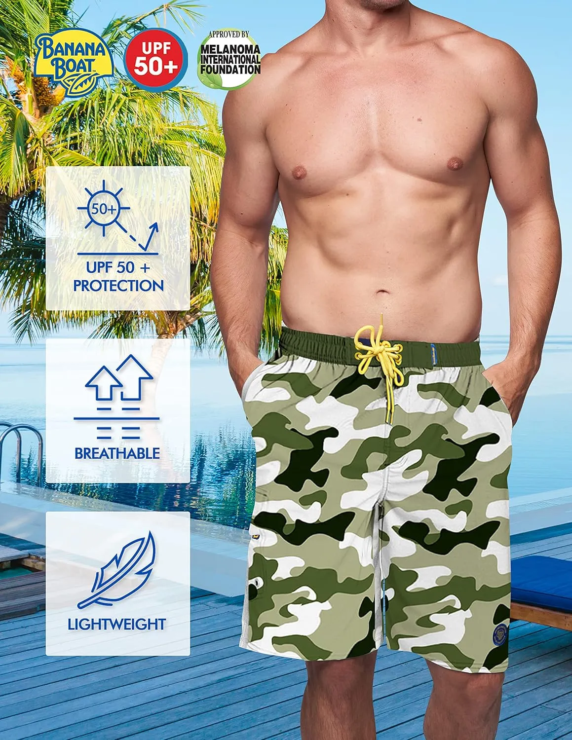 Banana Boat Men's Four-Way Stretch Performance Quick Dry Board Shorts with UPF 50  Sun Protection