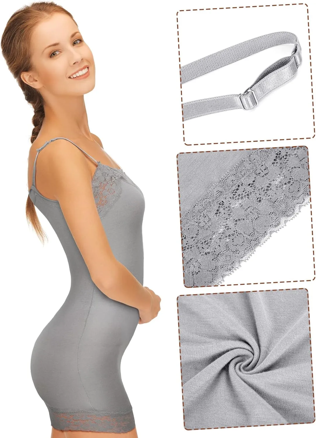 Bencailor 4 Pack Women's Long Tank Tops, Lace Camisole Neck Cami Adjustable Spaghetti Strap Undershirts for Women