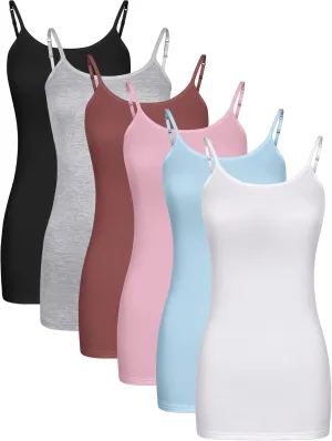 Bencailor 6 Pcs Women's Long Tank Tops, Long Camisole Workout Tops for Adjustable Spaghetti Strap Women Camis Undershirts