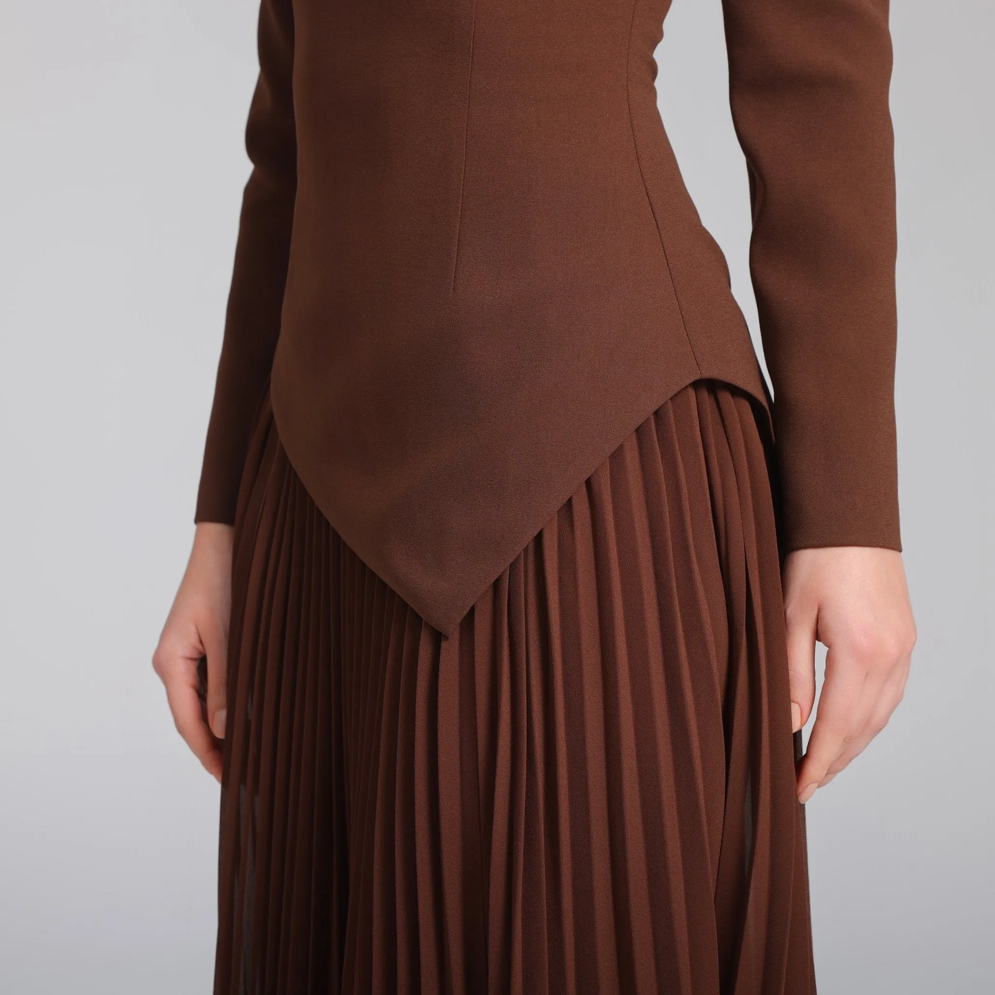 Brown One-shoulder Crepe Dress With Pleated Skirt