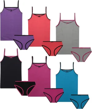 Buyless Fashion Girls Underwear Set - Tagless Cami Tank Matching Panties - Soft Cotton w/Colored Trim, Toddler - Teen Size