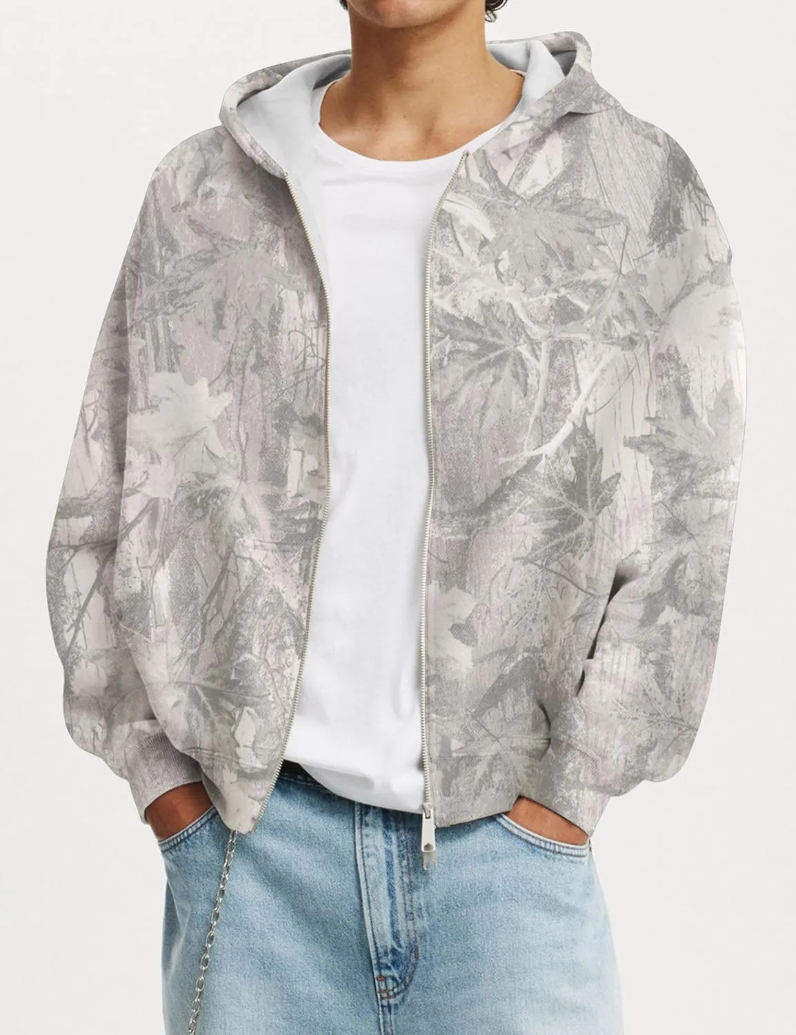 Camo Zip Up Hoodie for Women Men Oversized Maple Leaf Print Fleece Jacket Camouflage Long Sleeve Hooded Sweatshirt